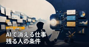 定型業務がAIに集約され、人が判断と検証を担う様子を表したイラスト