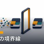 中央のゲートを境に、左側では細かな部品が集まって一つの塊になり、右側では完成した塊がそのままの形で進んでいく様子を描いたイメージ。画像内に「AI・ITニュース」「2.5.2の境界線」の文字が入っている。