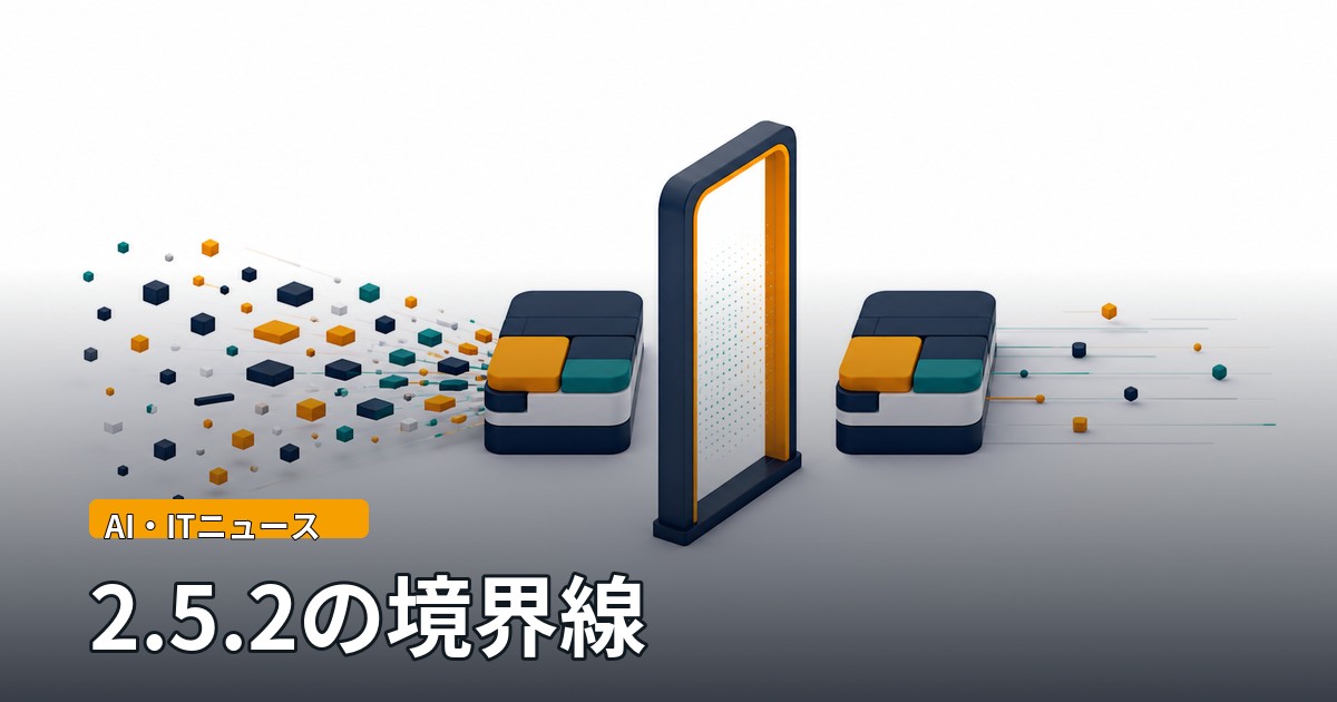中央のゲートを境に、左側では細かな部品が集まって一つの塊になり、右側では完成した塊がそのままの形で進んでいく様子を描いたイメージ。画像内に「AI・ITニュース」「2.5.2の境界線」の文字が入っている。