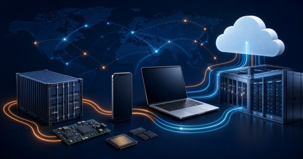 世界の物流・データ網からスマホ、ノートPC、半導体、データセンターへつながる経路