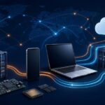 世界の物流・データ網からスマホ、ノートPC、半導体、データセンターへつながる経路