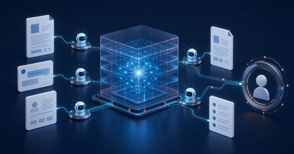 専有型の安全な環境で金融書類を処理し、人が確認するAI基盤を表した抽象図