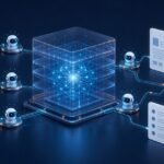 専有型の安全な環境で金融書類を処理し、人が確認するAI基盤を表した抽象図