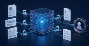 専有型の安全な環境で金融書類を処理し、人が確認するAI基盤を表した抽象図
