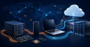 世界の物流・データ網からスマホ、ノートPC、半導体、データセンターへつながる経路