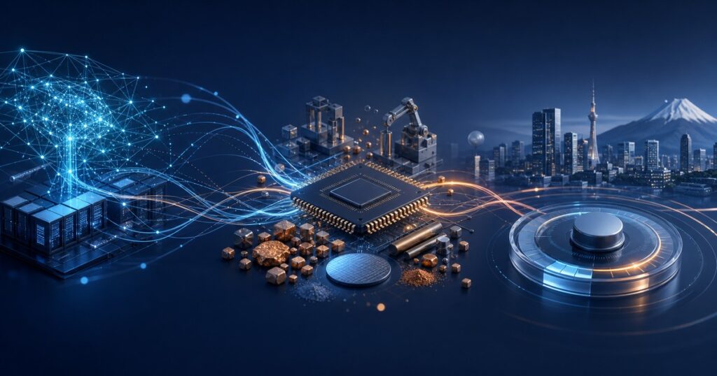 AI計算ノードから半導体や素材を経て日本の物価・金融政策へ波及する流れを表した抽象図