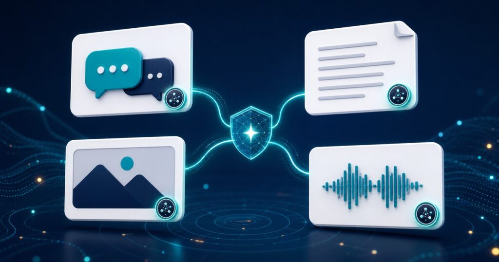 記事・画像・音声などのAI生成コンテンツに透明性マークが付く様子を表したイラスト
