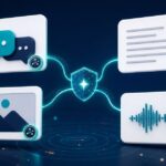 記事・画像・音声などのAI生成コンテンツに透明性マークが付く様子を表したイラスト