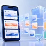 スマートフォンのSNS投稿と年齢区分を保護者向けシールドで整理する概念イラスト