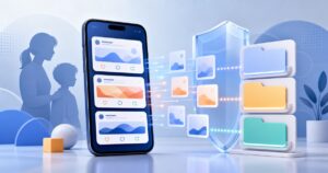 スマートフォンのSNS投稿と年齢区分を保護者向けシールドで整理する概念イラスト