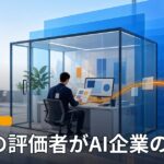 明るいオフィスのガラス壁の小部屋で、来訪者バッジを下げた人物が机で資料と画面を確認し、周囲に半透明の青いパネルが3段に重なり、机からオレンジ色の光の線が外へ伸びているイラスト。「AI・ITニュース」「外部の評価者がAI企業の中へ」の文字。