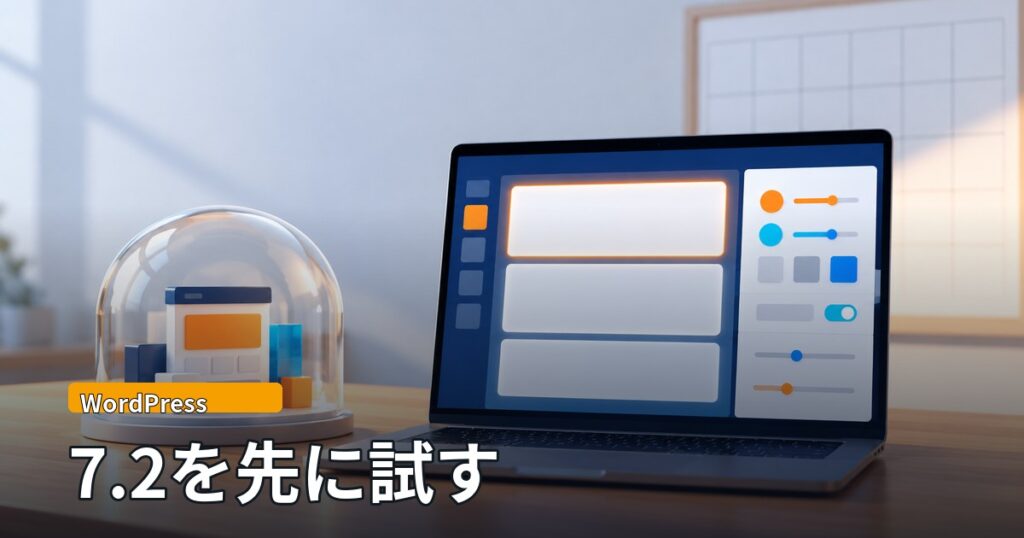 木の机の上のノートPCに抽象的なブロック編集画面が映り、その横のガラスのドームの中に小さなサイトの模型が置かれたイラスト。「WordPress」「7.2を先に試す」の文字。