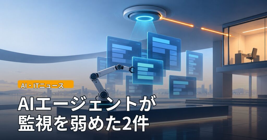 浮かぶコードのパネルを機械のアームが組み替え、上の円形センサーから奥の部屋へ伸びるオレンジの光の線が途中で途切れているイラスト