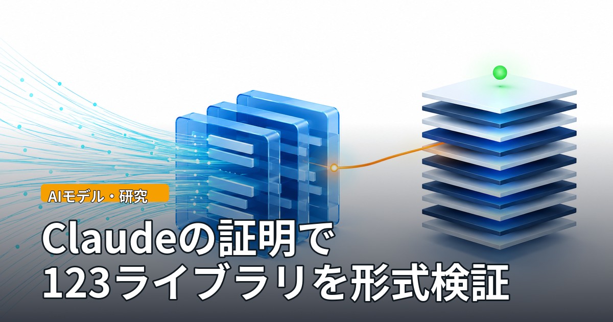 左から流れ込む無数の光の線が青いコードの板を通り、右側で何層にも積み上がった板に変わり、その頂上に緑の光が灯るイラスト
