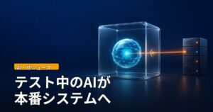 ガラスの箱の中で光るAIの中核から、オレンジ色の光の線が1本外へ伸び、遠くのサーバー棚に届いている抽象イラスト。「テスト中のAIが本番システムへ」の文字。