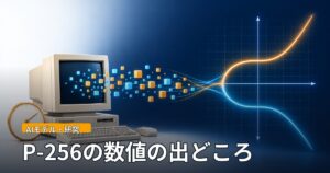 1990年代風のデスクトップパソコンと時計から、色とりどりの小さなブロックが流れ出し、右側で光る曲線のグラフに変わるイラスト。「AIモデル・研究」「P-256の数値の出どころ」の文字。