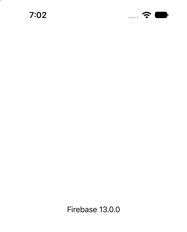 iPhoneシミュレーターで起動したサンプルアプリ。画面中央にFirebase 13.0.0と表示されている。